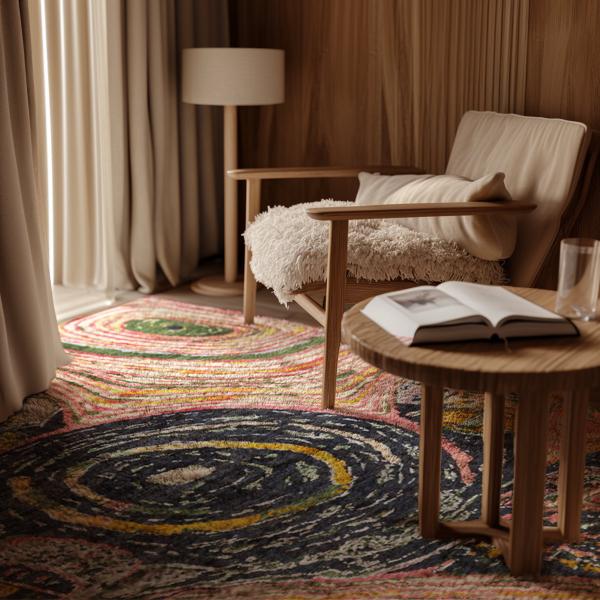 Kunstnerisk designertæppe Sadraa i skandinavisk boligstil